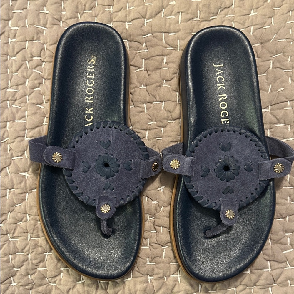 Jack Rogers Navy Blue Suede Medallion Thong Sandals